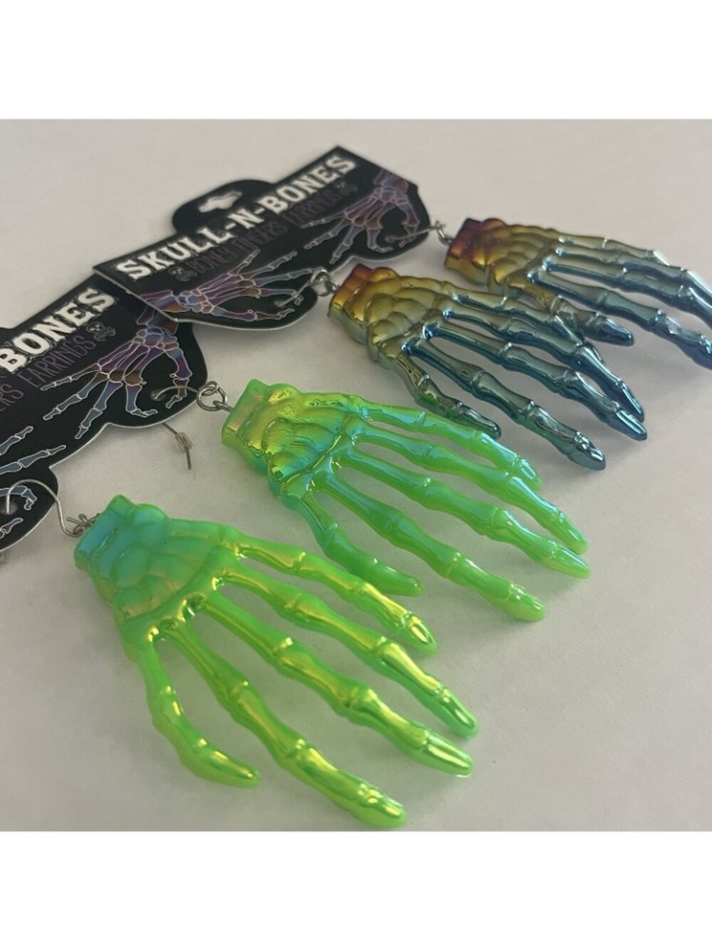 Skull-N-Bones Boney Fingers Skeleton Hand Earrings Iridescent Halloween Goth Lot
